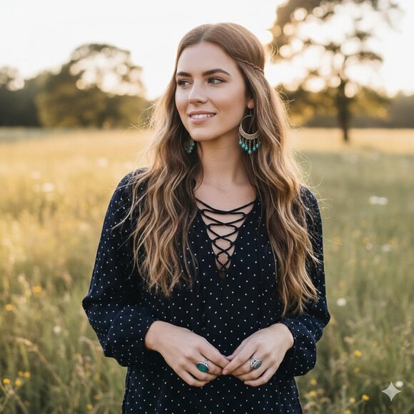 🌿Billabong Forget Me Knot Shirt Womens Medium Black White Polka Lace-Up V-Neck - Picture 8 of 11